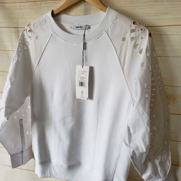 Thakoon Cotton Crew Eyelet Embroidered Balloon Sleeve Sweatshirt White Small - Picture 4 of 11